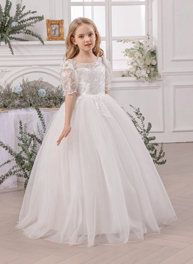 تايك تو فستان طويل بناتي أبيض بدانتيل زهور وظهر V عميق